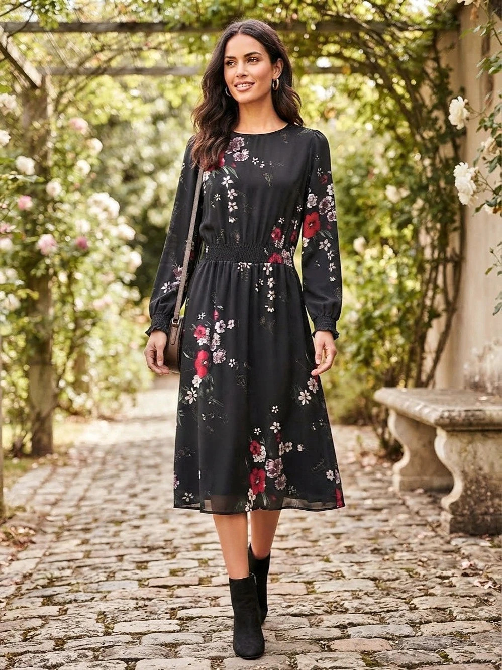 Floral Midi Dress in Black & Red Like New